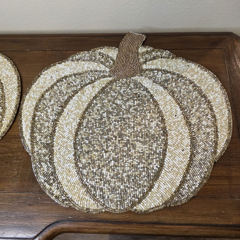 Bed Bath & Beyond Beaded Pumpkin Placemats Set 4 Gold Ivory Fall Thanksgiving
